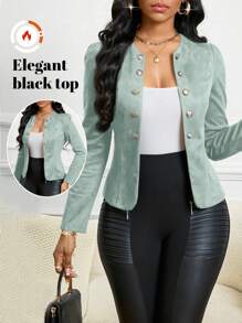 SHEIN Lady 四季/教堂服装/秋冬绒面黑色纽扣细节开襟夹克 - 薄荷綠 - 查看 1