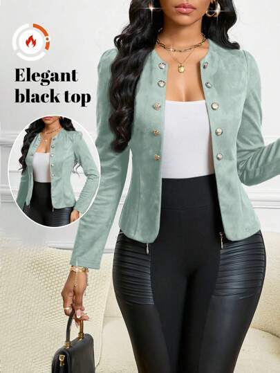 SHEIN Lady 四季/教堂服装/秋冬绒面黑色纽扣细节开襟夹克