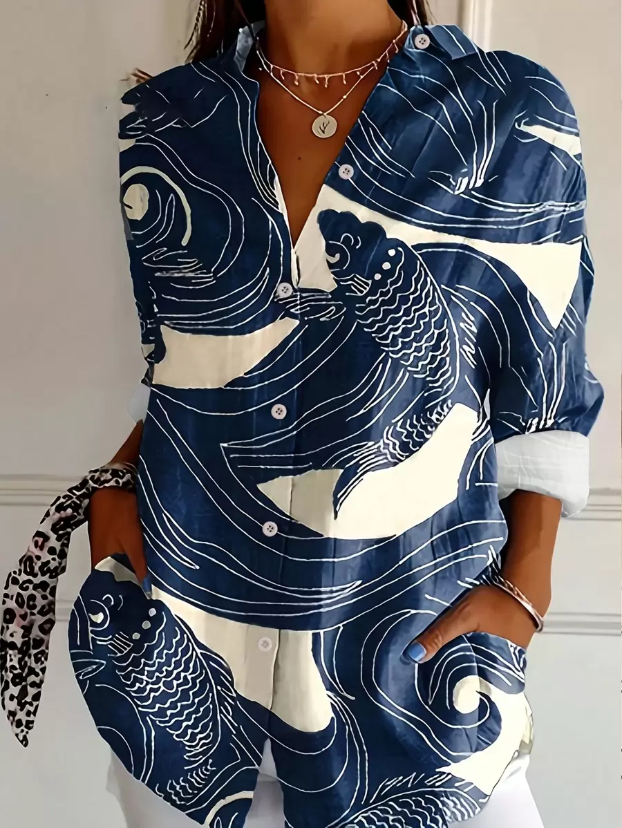 INAWLY Women's Long Sleeve Shirt With Fish Print Design & Button Details Fall Cloth For Women - Multicolor - View 1