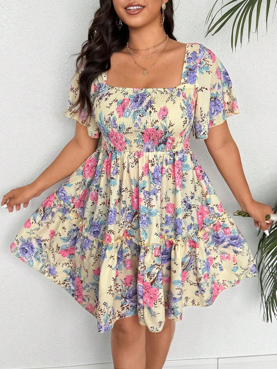 Flirla Plus Size Women Floral Print Shirred Ruffle Short Sleeve Fashion Dress For Summer - Multicolor - View 1