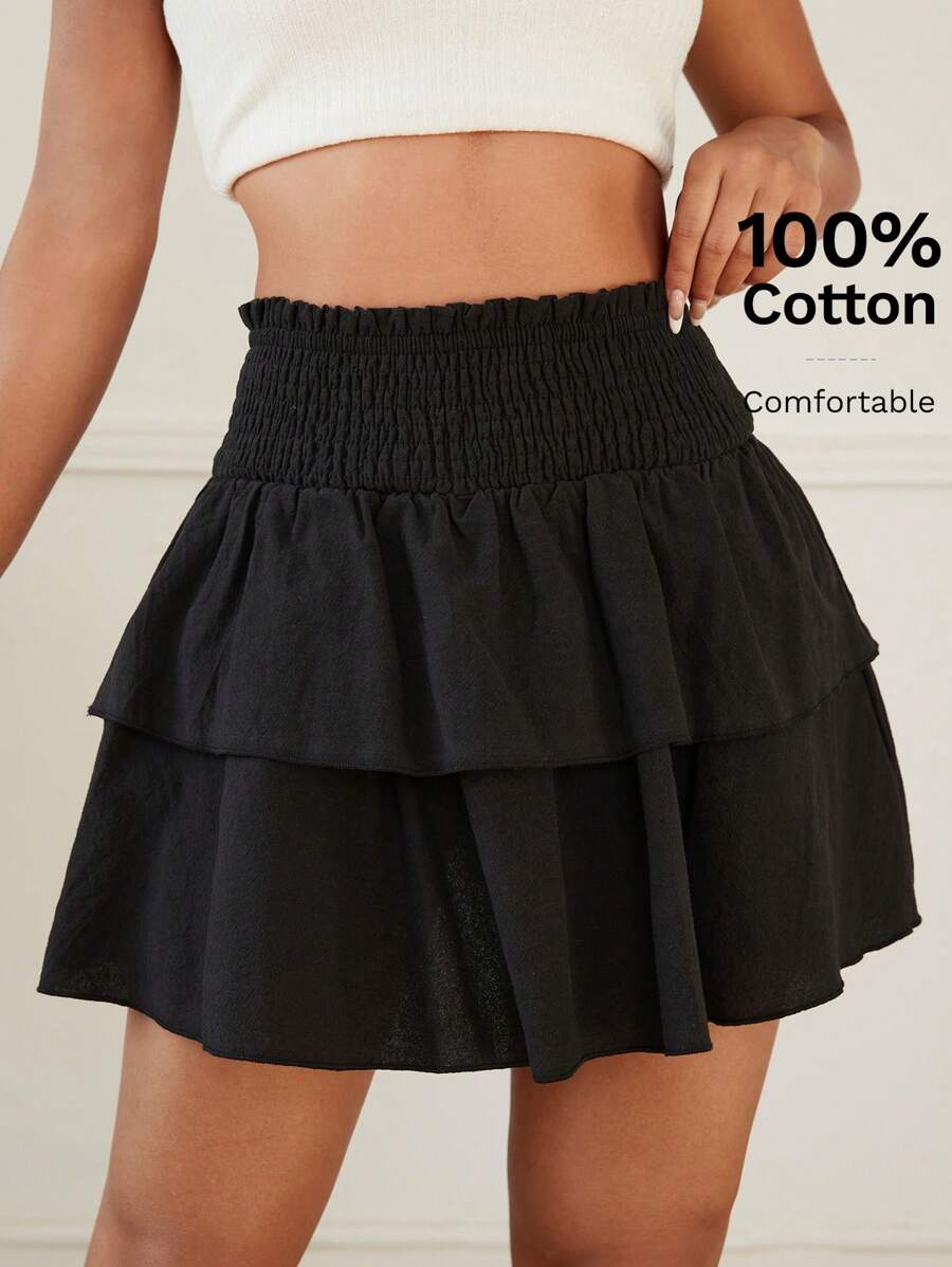 SHEIN PETITE Solid Shirred Frill Trim Layered Skirt - Black - View 1