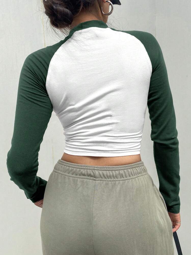 Women's Contrast Shoulder Long Sleeve Casual T-Shirt With Applique Letter