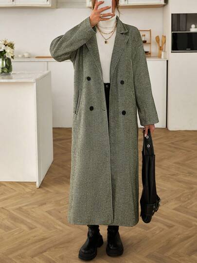 EURMUSE Striped Lapel Double-Breasted Long Parka Coat, Suitable For Commuting And Going Out
