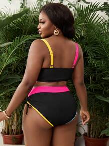 Slaydiva Plus Size 2pcs Colorblock High Waist Drawstring Side Minimal Ribbed Casual Vacation Sports Modest Swimwear For Women, Suitable For Beach, Pool & Party For Summer - Multicolor - View 2