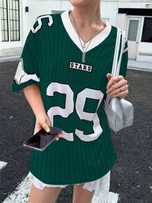 INAWLY Vrouwen Nieuwe V-hals Casual Sport Letters En Patroon Stiksels Oversized Losse Korte Mouwen Roze T-shirt Grafische T-shirts Dames Tops