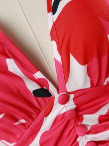 Breezaya Women's Floral Print Deep V Neck Ruched Waist Puff Sleeve Dress - Hot Pink - View 6