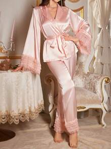 厚重蕾丝与真丝面料多层长袖睡衣套装