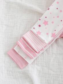 Conjunto de 15 piezas para recién nacida: body, pantalones y manoplas de punto a rayas con estampado de estrellas en color rosa palo, adecuado para primavera, verano y otoño, apto para uso diario, hogar y ocio - Rosa - Ver 5