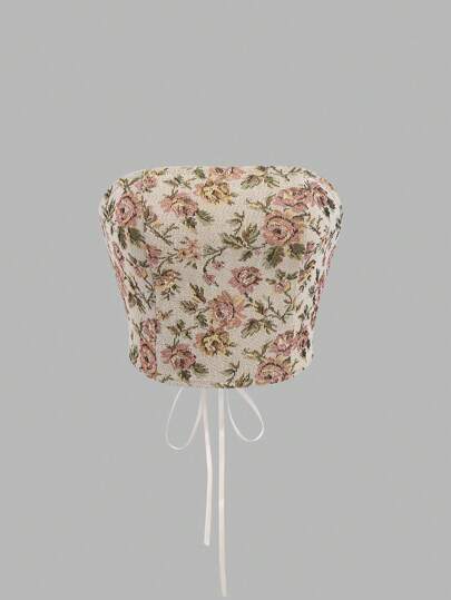 Sweetra 花卉印花露背交叉抹胸上衣 Y2K