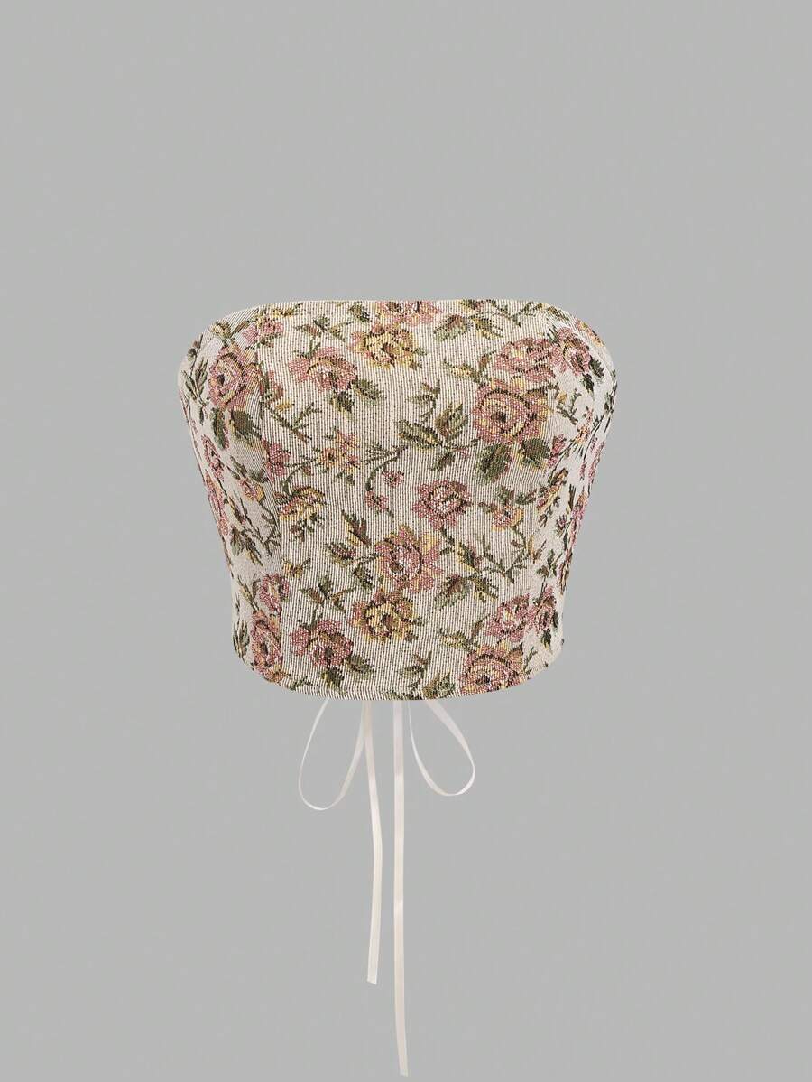 Sweetra 花卉印花露背交叉抹胸上衣 Y2K - 咖啡棕 - 查看 1