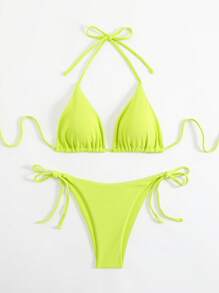 SHEIN Swim 女士两件套泳衣 - 三角形上衣和丁字裤 - 青檸色 - 查看 1