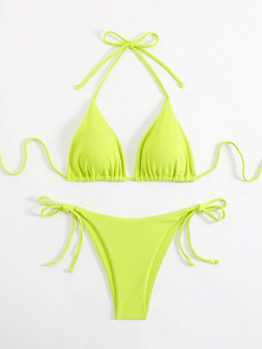 SHEIN Swim 女士两件套泳衣 - 三角形上衣和丁字裤 - 青檸色 - 查看 1