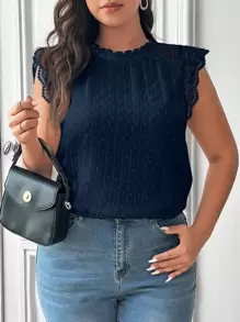SHEIN Frenchy Plus Size Casual/Work Lace Trim Sleeveless Blouse - Navy Blue - View 1