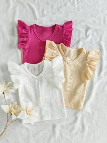 3 Packs Baby Girl Cute Versatile Eyelet Embroidered Ruffle Tops For Summer - Multicolor - View 3