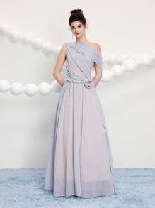 Poshira Abito da ballo da donna elegante di colore unito con scollo asimmetrico, decorazione floreale 3D, vestito da festa, vestito da invitata di matrimonio, vestito da ballo - Grigio - Visualizzare 4