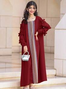 SHEIN Tween Girls' Patchwork Retro Print Loose Casual Square Neck Long Sleeve Dress