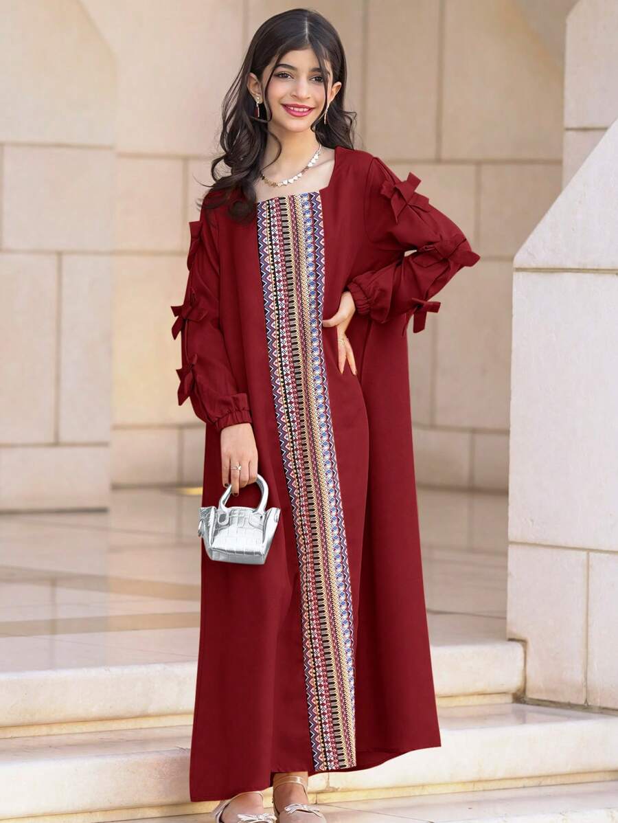 SHEIN Tween Girls' Patchwork Retro Print Loose Casual Square Neck Long Sleeve Dress