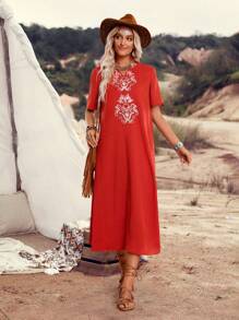 LanaWest Women's Solid Color Embroidery H-Shape Casual Country Vacation Daily Simple Basic T-Shirt Dress - Burnt Orange - View 5