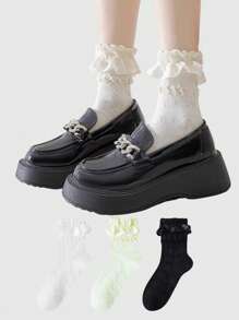 ROMWE Kawaii 3 Pairs Of Random Color Combination Socks, JK Lace Mid-Calf Socks, Daily Versatile Casual Solid Color Women's Mid-Calf Socks