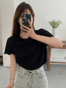 DAZY Solid Scallop Trim Tee - Black - View 5