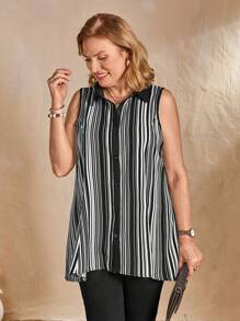 EMERY ROSE New French Stylish Elegant Loose Fit Vertical Striped Single-Breasted Asymmetrical Hem Patchwork Color Women Sleeveless Top - Black - View 4