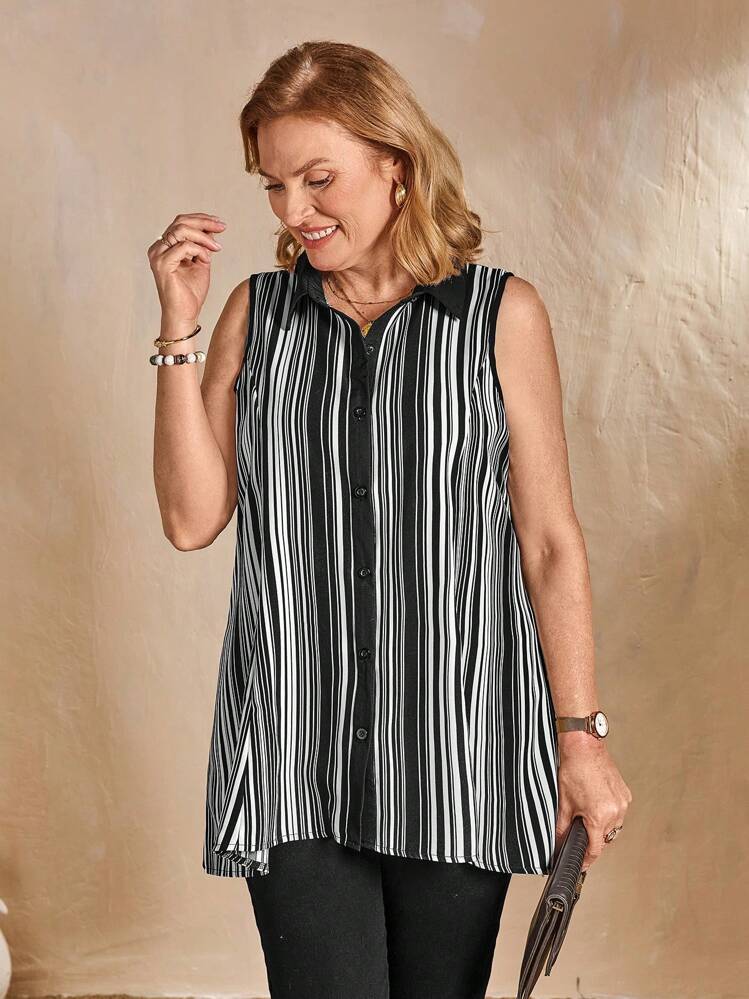 EMERY ROSE Nueva blusa de mujer con estilo francés elegante, corte holgado, de rayas verticales, de un solo botonadura, bajo asimétrico y parches de colores - Negro - Añade 4