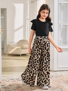 SHEIN Leap Crew Tween 女童优雅组合圆领盖袖 T 恤和阔腿豹纹裤 2 件套