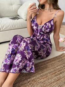 心形水钻装饰花卉印花荷叶边吊带背心和裤子睡衣套装