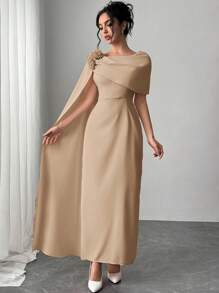 SHEIN Privé Elegant & Romantic Solid Ruffle Detail Long Sleeve Fitted Dress, Lotus Pink - Khaki - View 3