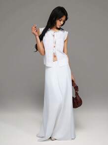 TRNVIE Spring/Summer New White Linen Casual Vacation Blouse For Women, Bow Embroidery French Tie Design With Cap Sleeves - White - View 5