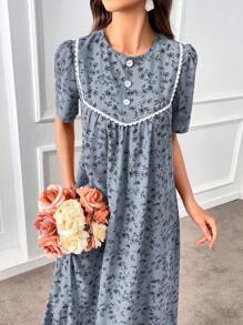 Al Najma Abito stile arabo da donna con scollo tondo, maniche corte a sbuffo e design a fiori minuti, vestibilità morbida