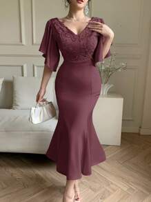 DAZY 亮片拼布荷叶边袖鱼尾中长连衣裙女士舞会礼服优雅太阳裙 - 紫色 - 查看 3