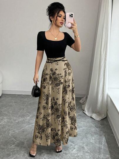 Selianne 女士优雅合身腰带针织短袖方领拼接中长款旗袍连衣裙，搭配中国风花卉印花