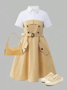 Robe-chemise d'été 2 en 1 décontractée et confortable avec bloc de couleurs, style décontracté pour adolescentes en déplacement