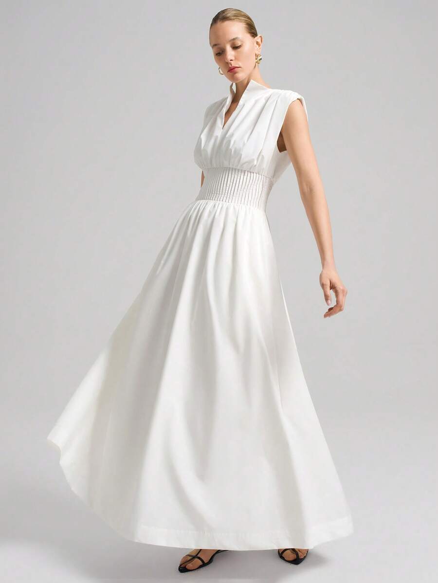 Ontre 2025 新款都市休闲风格白色无袖腰抽绳长裙，女式长裙，四季百搭，商务休闲办公装，低调优雅通勤机场时尚，优质材料 - 白色 - 查看 1