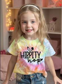 Summer New Vibrant Colorful Tie-Dye Cute Happy English Text Print Round Neck Short Sleeve T-Shirt For Little Girls
