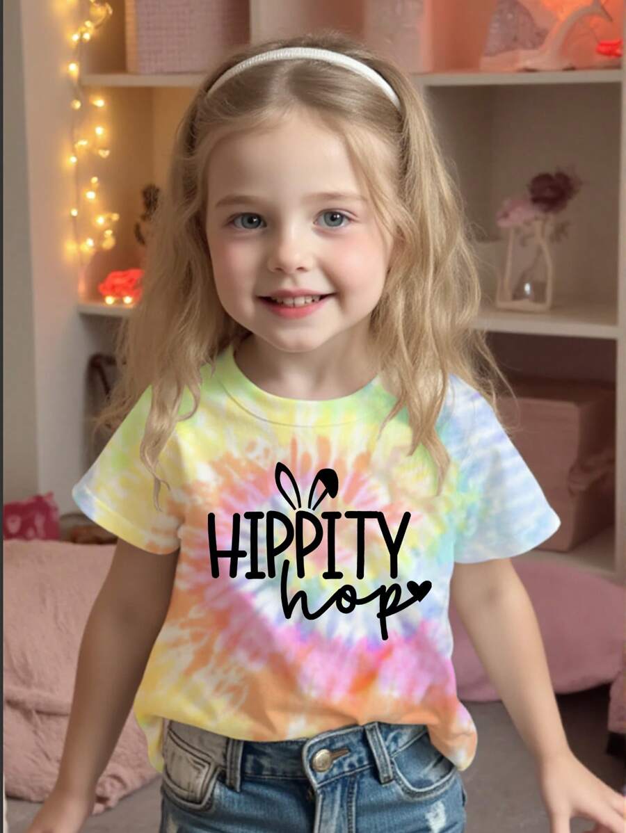 Summer New Vibrant Colorful Tie-Dye Cute Happy English Text Print Round Neck Short Sleeve T-Shirt For Little Girls