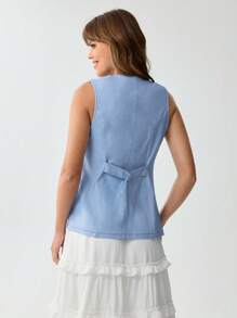 SHEIN LUNE Chaleco vaquero de efecto denim azul casual de verano para festivales de música - Azul - Ver 4