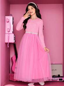 SHEIN Leap Crew Tween Girl Contrast Mesh Hem Dress Without Belt - Pink - View 7