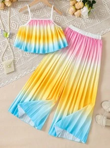 Girls Vacation Set Spaghetti Strap Wide Leg Pants Pleated Outfit, Rainbow Ombre Pleated Fabric, Suitable For Beach, Outdoor, Summer - Multicolor - View 3