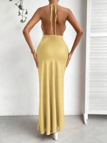 GENKIRA Đầm hở lưng hở cổ xếp nếp cổ yếm trang phục đi nghỉ cho nữ - Màu vàng - Xem 2
