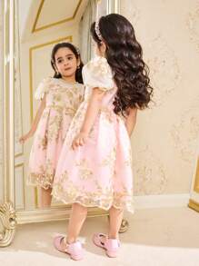 SHEIN Jeune fille robe en maille rose satin avec broderie dorée, élégante et féminine, convient pour les fêtes, les rassemblements, les festivités - Blanc - Voir 6