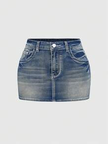 ROMWE J-Fashion Plus Size Y2K Low Waist Butterfly Embroidery Rhinestone Contrast Color Denim Mini Skirt - Blue - View 2