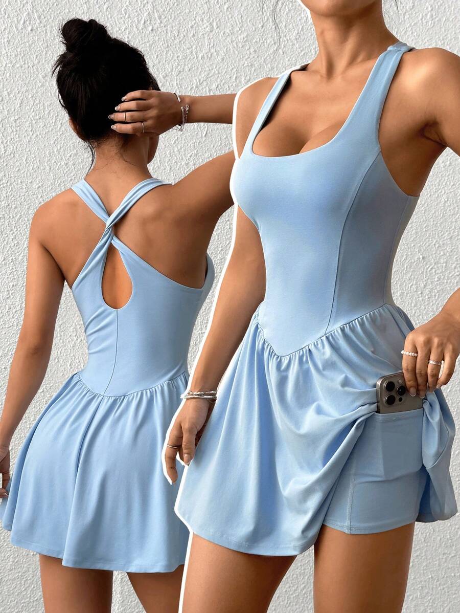 SHEIN EZwear 女式纯色宽肩带运动风连衣裙搭配短裤 - 藍色 - 查看 1