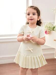 SHEIN Baby Girls Summer Cute Apricot Bowknot Pleated Dress - Apricot - View 1