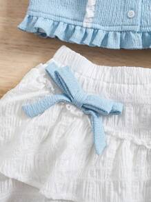 SHEIN 女婴夏季可爱蓝色撞色彼得潘领上衣和荷叶边下摆迷你裙两件套 - 藍白色 - 查看 5