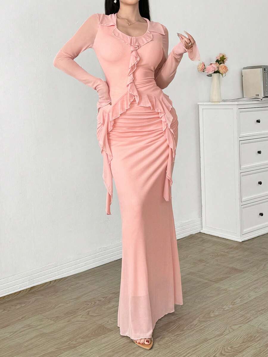 Modelyn Women's Elegant 2 Pieces Set: Mesh Ruffle Trim Blouse + Mesh Pleated Skirt, Suitable For Dates - Pink - View 1