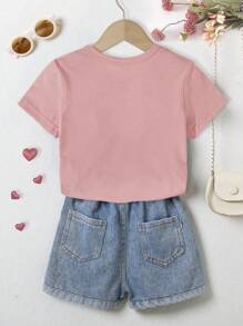 SHEIN Young Girl Casual Fashion Creative Butterfly & Heart Shape Graphic Letter Print Short Sleeve T-Shirt, Mommy And Me Matching - Dusty Pink - View 2