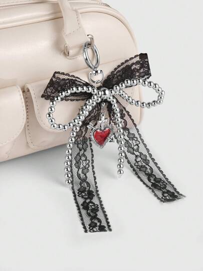 Kawaii 1pc Y2K Elegant & Chic Goth Style Handmade Beaded Silver-Color CCB Black Lace Bow Heart Pierced By Arrow Pendant Key Chain, Suitable For Girls/Women Everyday Wear, Holiday Gift