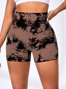 SHEIN Velisys 4 quần short thể thao cạp cao nhuộm loang cho nữ, tập yoga nâng mông - Nhiều màu - Xem 4